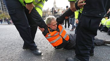 A police officers remove a protester from Insulate Britain as they block the road in Parliament Square, central London. Picture date: Thursday November 4, 2021.  
